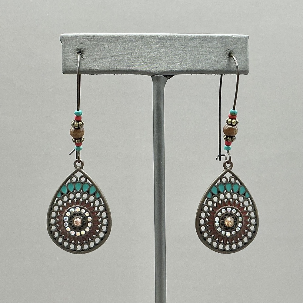 Earrings Bronze Tone‎ Multicolor Beaded Teardrop Dangle Drop Womens Boho Jewelry